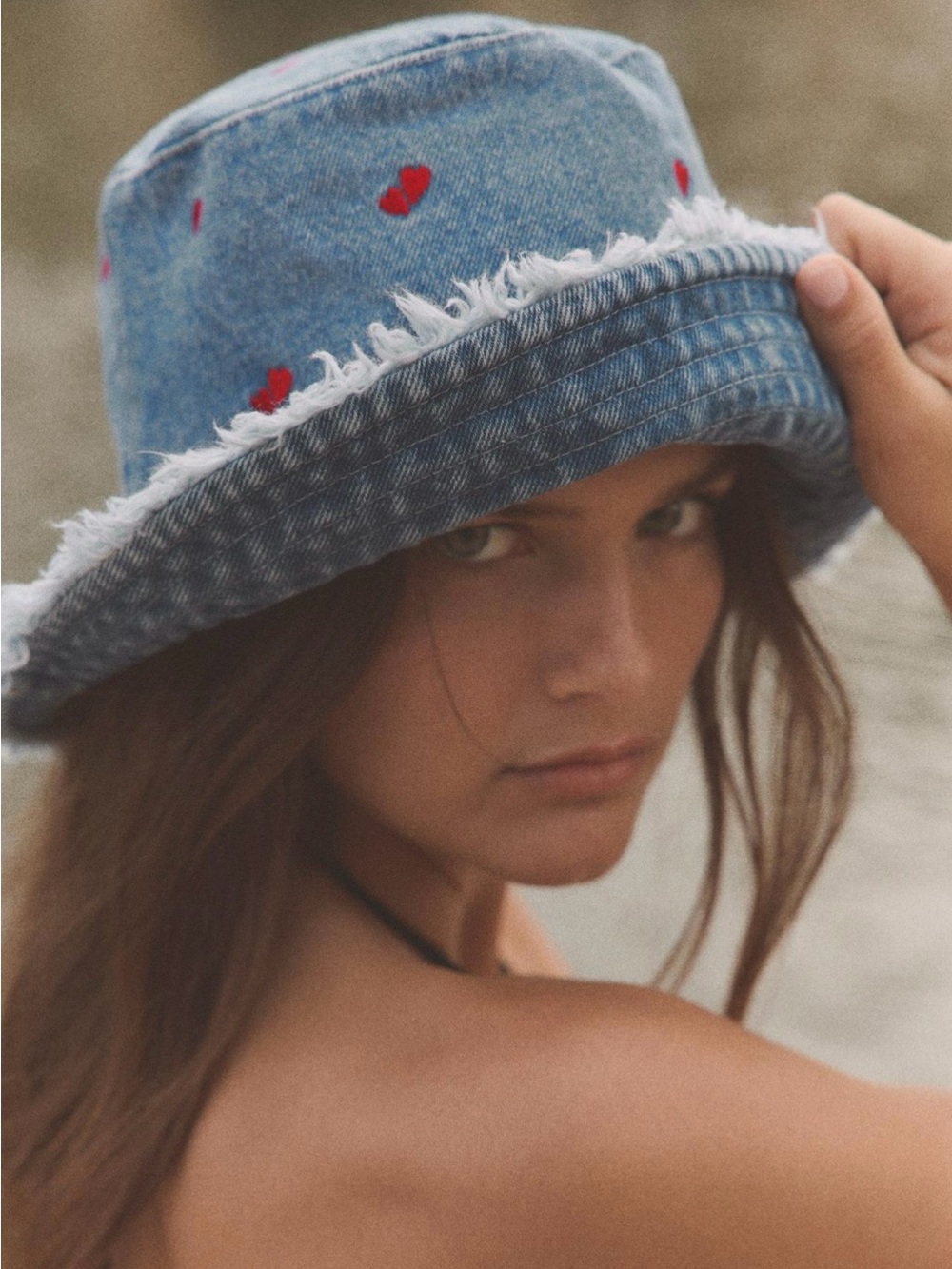 Zara Embroidered Heart Blue Denim Bucket Hat. Size S. Brand new!
